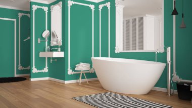 Klasik odada modern beyaz ve turkuaz banyo, duvar pervazları, parke, halı ve aksesuarları ile küvet, minimalist lavabo ve dekorlar, kolye lambaları. İç tasarım konsepti