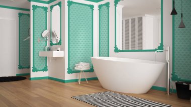 Klasik odada modern beyaz ve turkuaz banyo, duvar pervazları, parke, halı ve aksesuarları ile küvet, minimalist lavabo ve dekorlar, kolye lambaları. İç tasarım konsepti