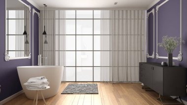 Klasik odada modern beyaz ve mor banyo, duvar pervazları, parke zemin, halı ve aksesuarları ile küvet, minimalist lavabo ve dekorlar, kolye lambaları. İç tasarım konsepti