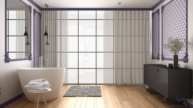 Klasik odada modern beyaz ve mor banyo, duvar pervazları, parke zemin, halı ve aksesuarları ile küvet, minimalist lavabo ve dekorlar, kolye lambaları. İç tasarım konsepti