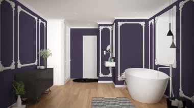 Klasik odada modern beyaz ve mor banyo, duvar pervazları, parke zemin, halı ve aksesuarları ile küvet, minimalist lavabo ve dekorlar, kolye lambaları. İç tasarım konsepti