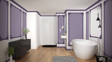 Klasik odada modern beyaz ve mor banyo, duvar pervazları, parke zemin, halı ve aksesuarları ile küvet, minimalist lavabo ve dekorlar, kolye lambaları. İç tasarım konsepti