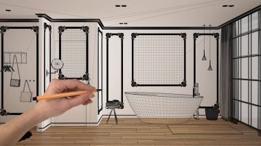 Parke zeminli boş beyaz iç mekan, pervazlı duvar, el çizimi özel mimari tasarım, siyah mürekkep kroki, küvetli modern banyoyu gösteren plan, lavabo ve halı