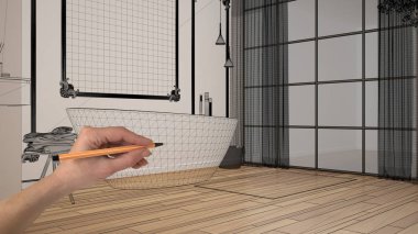 Parke zeminli boş beyaz iç mekan, pervazlı duvar, el çizimi özel mimari tasarım, siyah mürekkep kroki, küvetli modern banyoyu gösteren plan, lavabo ve halı