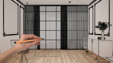 Parke zeminli boş beyaz iç mekan, pervazlı duvar, el çizimi özel mimari tasarım, siyah mürekkep kroki, küvetli modern banyoyu gösteren plan, lavabo ve halı