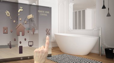Akıllı ev kontrol konsepti, mobil uygulamadan el kontrol dijital arayüzü. Modern beyaz ve ahşap modern banyo gösteren bulanık arka plan, mimari iç tasarım