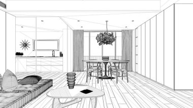 Blueprint proje taslağı, mutfak ve yemek masası ile minimalist oturma odası, yastıklı kanepe, sehpa, kolye lambası, büyük panoramik pencere, modern mimari konsept fikri