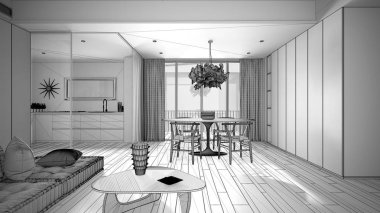 Mutfak ve yemek masası ile minimalist oturma odası bitmemiş proje, yastıklı kanepe, sehpa, kolye lambası, büyük panoramik pencere, modern mimari konsept fikir