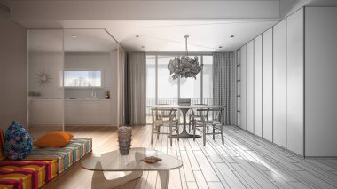 Mimar iç tasarımcı konsepti: mutfak ve yemek masası, lamba, panoramik pencere, modern mimari konsepti ile gerçek, minimalist oturma odası olur bitmemiş proje