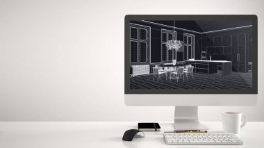 Mimar ev proje konsepti, beyaz arka plan masaüstü bilgisayar, Cad kroki gösteren çalışma masası, yemek masası iç tasarım ile modern mutfak