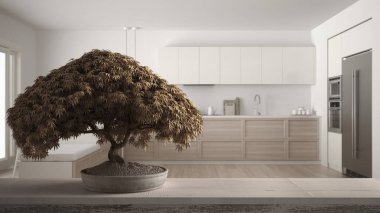 Saksı çiçek bonsai, bej yaprakları, çiçekler, İskandinav beyaz ve ahşap mutfak, modern iç tasarım, zen temiz mimari konsept fikir üzerinde Vintage ahşap masa raf
