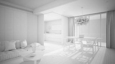 Mutfak ve yemek masası ile minimalist oturma odası toplam beyaz proje, yastıklı kanepe, sehpa, kolye lambası, büyük panoramik pencere, modern mimari konsept fikir