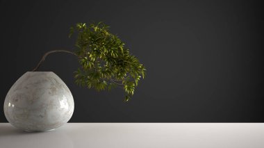 Yuvarlak mermer vazo ve saksı bonsai, yeşil yapraklar, fotokopi alanı ile koyu gri arka plan, zen konsept iç tasarım ile beyaz paspas masa raf