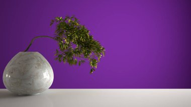 Yuvarlak mermer vazo ve saksı bonsai, yeşil yaprakları, fotokopi alanı ile mor renkli arka plan ile beyaz mat masa raf, zen kavramı iç