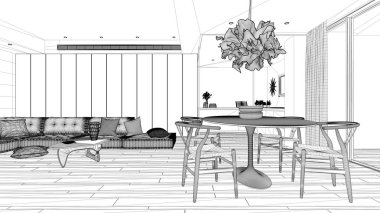 Blueprint proje taslağı, mutfak ve yemek masası ile minimalist oturma odası, kolye lambası, büyük panoramik pencere, modern mimari konsept fikir