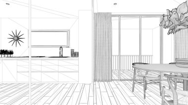 Blueprint proje taslağı, mutfak ve yemek masası ile minimalist oturma odası, kolye lambası, büyük panoramik pencere, modern mimari konsept fikir