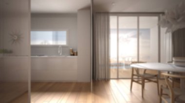 Bulanıklık arka plan iç tasarım: mutfak ve yemek masası ile minimalist oturma odası, yastıklı kanepe, sehpa, kolye lambası, panoramik pencere, modern mimari konsept