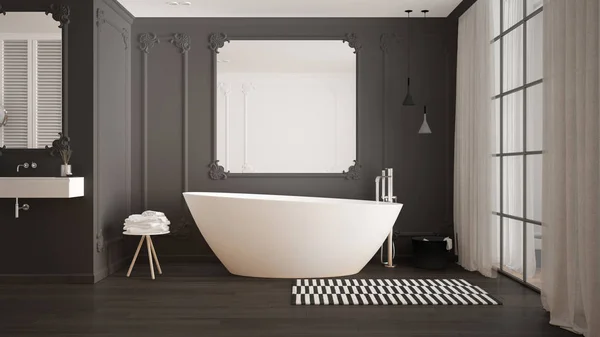 Moderno bagno bianco e grigio in camera classica, modanature a parete, pavimento in parquet, vasca con moquette e accessori, lavandino minimalista e decori, lampade a sospensione. Concetto di interior design — Foto Stock