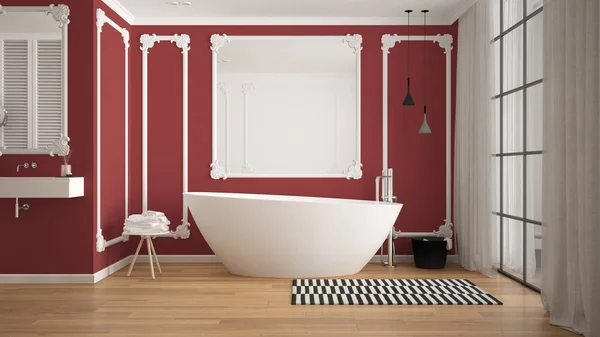 Moderno bagno bianco e rosso in camera classica, modanature a parete, pavimento in parquet, vasca con moquette e accessori, lavandino minimalista e decori, lampade a sospensione. Concetto di interior design — Foto Stock