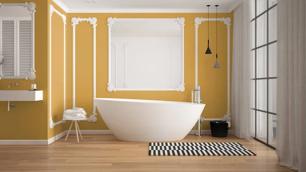 Moderno bagno bianco e giallo in camera classica, modanature a parete, pavimento in parquet, vasca con moquette e accessori, lavandino minimalista e decori, lampade a sospensione. Concetto di interior design — Foto Stock
