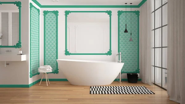 Salle de bain moderne blanche et turquoise dans la chambre classique, moulures murales, parquet, baignoire avec tapis et accessoires, évier et décors minimalistes, lampes suspendues. Concept de design intérieur — Photo