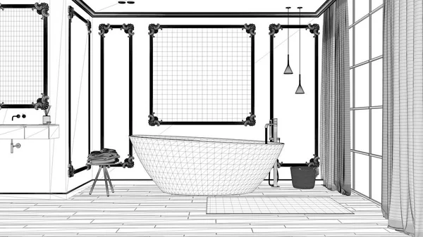 Plan proje taslağı, klasik odada minimalist banyo, duvar kalıpları, parke zemin, halı ve aksesuarları ile küvet, lavabo ve dekorlar, modern mimari konsept fikir — Stok fotoğraf