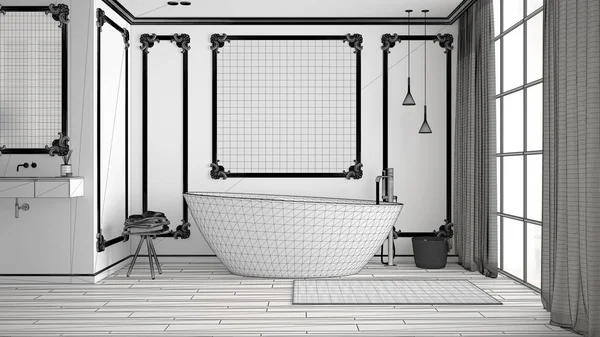Projeto inacabado de casa de banho minimalista no quarto clássico, molduras de parede, piso em parquet, banheira com tapete e acessórios, pia e decorações, ideia de conceito de design de interiores moderno — Fotografia de Stock