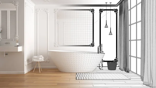 Arquitecto concepto de diseñador de interiores: proyecto inacabado que se convierte en real, baño minimalista en habitación clásica, molduras de pared, suelo de parquet, bañera y lavabo, diseño interior moderno —  Fotos de Stock