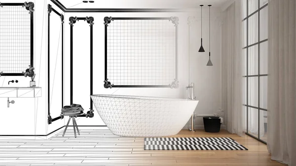 Arquitecto concepto de diseñador de interiores: proyecto inacabado que se convierte en real, baño minimalista en habitación clásica, molduras de pared, suelo de parquet, bañera y lavabo, diseño interior moderno — Foto de Stock