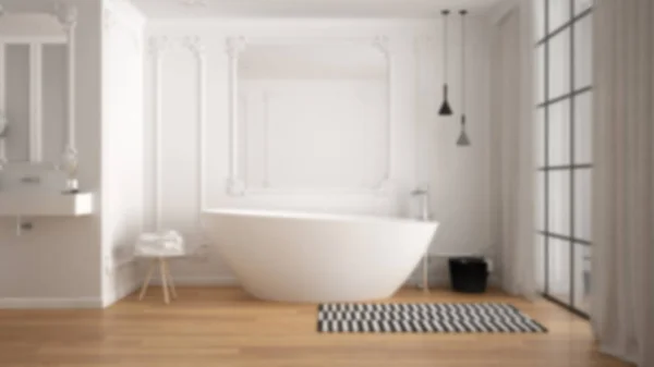 Diseño interior de fondo desenfoque: moderno baño blanco en habitación clásica con molduras de pared, suelo de parquet, bañera con alfombra, fregadero minimalista y decoraciones, lámparas colgantes —  Fotos de Stock