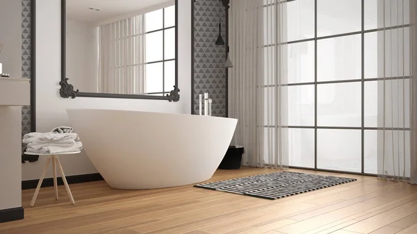 Klasik odada modern beyaz ve gri banyo, duvar pervazları, parke zemin, halı ve aksesuarları ile küvet, minimalist lavabo ve dekorlar, kolye lambaları. İç tasarım konsepti — Stok fotoğraf