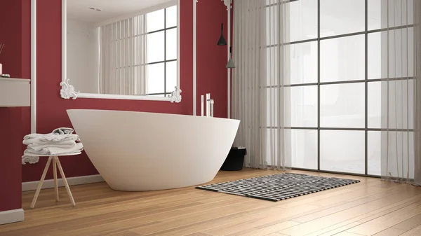 Moderno bagno bianco e rosso in camera classica, modanature a parete, pavimento in parquet, vasca con moquette e accessori, lavandino minimalista e decori, lampade a sospensione. Concetto di interior design — Foto Stock