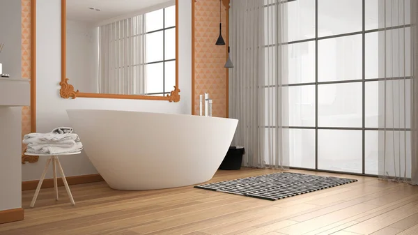Moderno baño blanco y naranja en habitación clásica, molduras de pared, suelo de parquet, bañera con alfombra y accesorios, fregadero y decoración minimalista, lámparas colgantes. Concepto de diseño interior — Foto de Stock