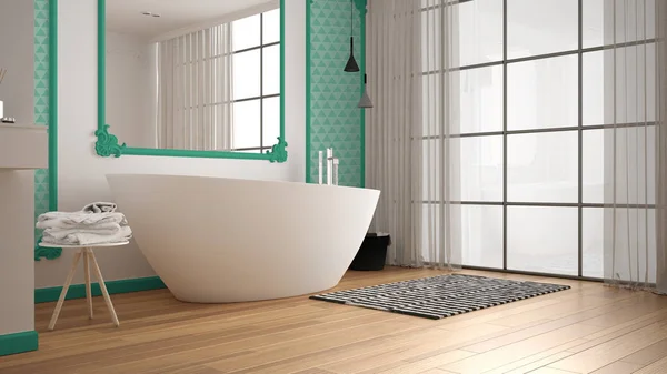 Moderno baño blanco y turquesa en habitación clásica, molduras de pared, parquet, bañera con alfombra y accesorios, lavabo minimalista y decoraciones, lámparas colgantes. Concepto de diseño interior —  Fotos de Stock