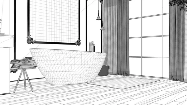 Проект чертежа, минималистская ванная комната в классическом номере, настенная отделка, паркетный пол, ванна с ковровым покрытием и аксессуарами, раковина и декор, концепция современной архитектуры — стоковое фото