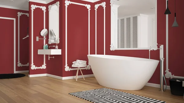 Moderno bagno bianco e rosso in camera classica, modanature a parete, pavimento in parquet, vasca con moquette e accessori, lavandino minimalista e decori, lampade a sospensione. Concetto di interior design — Foto Stock