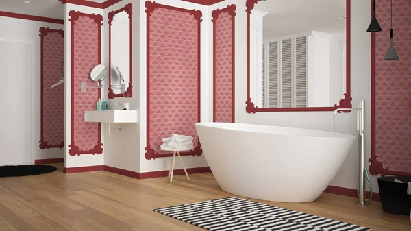 Moderno bagno bianco e rosso in camera classica, modanature a parete, pavimento in parquet, vasca con moquette e accessori, lavandino minimalista e decori, lampade a sospensione. Concetto di interior design — Foto Stock