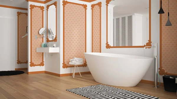 Moderno bagno bianco e arancione in camera classica, modanature a parete, pavimento in parquet, vasca con moquette e accessori, lavandino minimalista e decori, lampade a sospensione. Concetto di interior design — Foto Stock