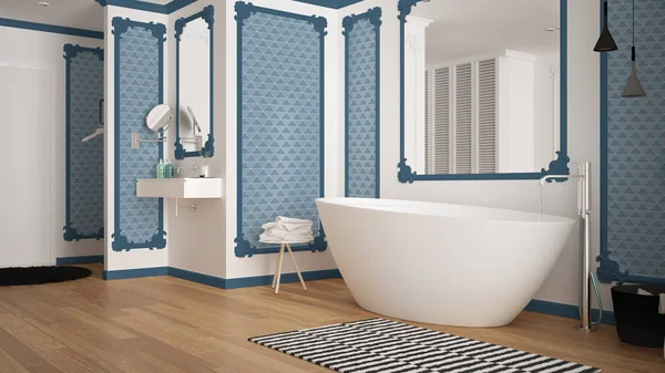 Moderno bagno bianco e blu in camera classica, modanature a parete, pavimento in parquet, vasca con moquette e accessori, lavandino minimalista e decori, lampade a sospensione. Concetto di interior design — Foto Stock