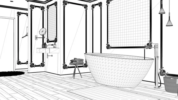 Проект чертежа, минималистская ванная комната в классическом номере, настенная отделка, паркетный пол, ванна с ковровым покрытием и аксессуарами, раковина и декор, концепция современной архитектуры — стоковое фото