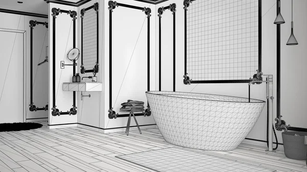 Proyecto inacabado de de baño minimalista en habitación clásica, molduras de pared, suelo de parquet, bañera con alfombra y accesorios, fregadero y decoración, idea de concepto de diseño de interiores modernos — Foto de Stock