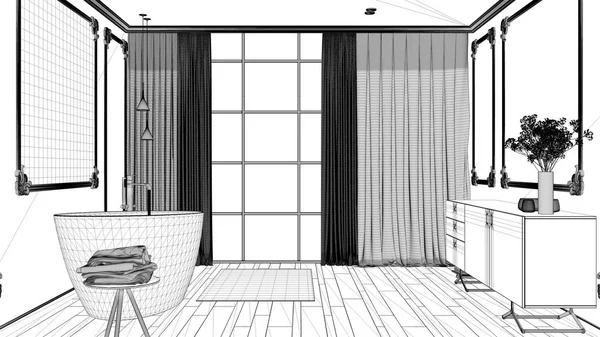 Proyecto de proyecto de proyecto, baño minimalista en habitación clásica, molduras de pared, suelo de parquet, bañera con alfombra y accesorios, fregadero y decoración, idea concepto de arquitectura moderna —  Fotos de Stock