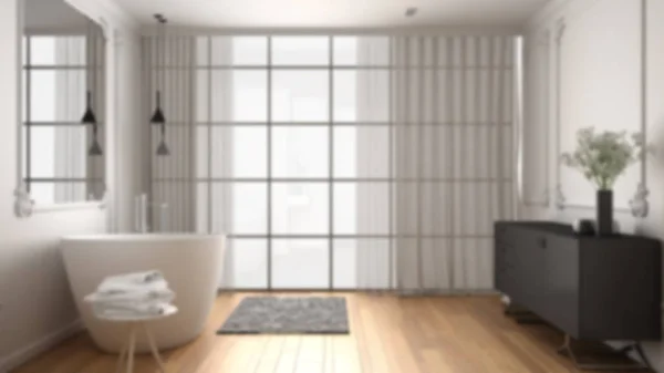 模糊背景室内设计：现代白色浴室，在经典房间与墙壁成型，镶木地板，浴缸与地毯，简约水槽和装饰，吊灯 — 图库照片