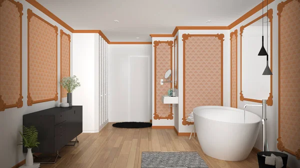 Moderní bílá a oranžová koupelna v klasické místnosti, Nástěnná DNA, parketová podlaha, vana s kobercem a příslušenstvím, minimalistický dřez a dekoranty, přívěskové lampy. Koncepce interiéru — Stock fotografie