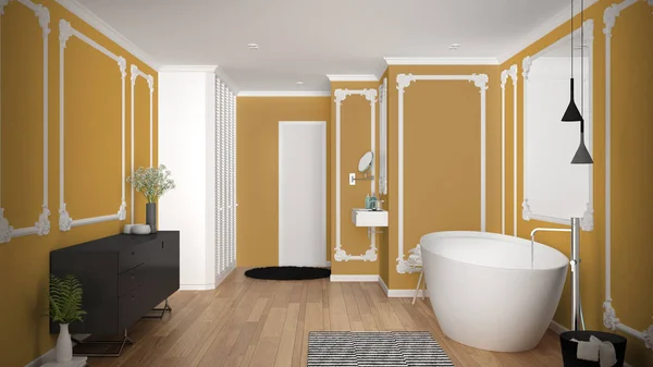 Moderno bagno bianco e giallo in camera classica, modanature a parete, pavimento in parquet, vasca con moquette e accessori, lavandino minimalista e decori, lampade a sospensione. Concetto di interior design — Foto Stock