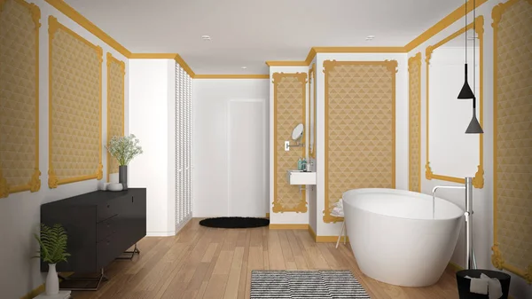 Moderno bagno bianco e giallo in camera classica, modanature a parete, pavimento in parquet, vasca con moquette e accessori, lavandino minimalista e decori, lampade a sospensione. Concetto di interior design — Foto Stock