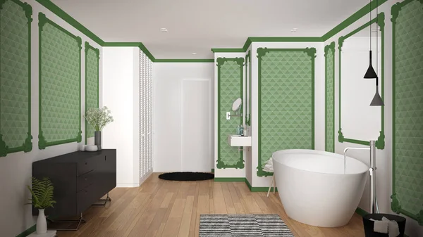 Moderne witte en groene badkamer in klassieke kamer, wandlijsten, parketvloer, bad met tapijt en accessoires, minimalistische wastafel en decors, hanglampen. Interieur design concept — Stockfoto