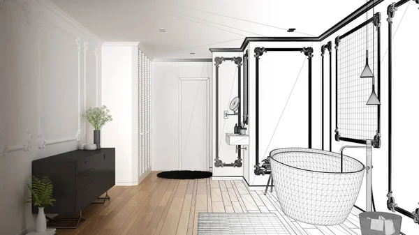 Architect interior designer concept: unfinished project that becomes real, minimalist bathroom in classic room, wall moldings, parquet floor, bathtub and sink, modern interior design