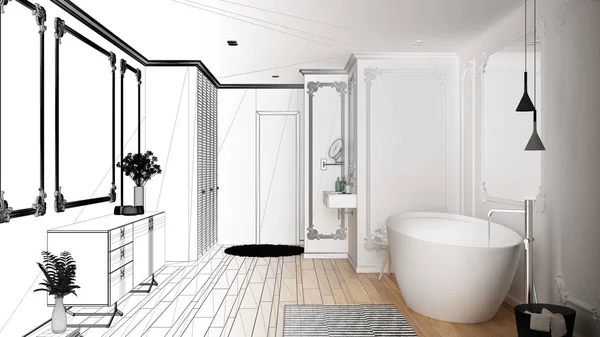 Architect interior designer concept: unfinished project that becomes real, minimalist bathroom in classic room, wall moldings, parquet floor, bathtub and sink, modern interior design