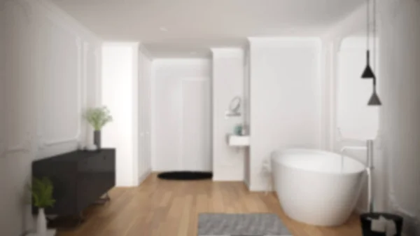 Diseño interior de fondo desenfoque: moderno baño blanco en habitación clásica con molduras de pared, suelo de parquet, bañera con alfombra, fregadero minimalista y decoraciones, lámparas colgantes —  Fotos de Stock
